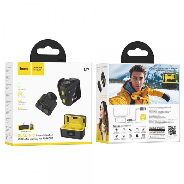 HOCO BEŽIČNI MIKROFON x 2 Lightning / USB C  L17 black
