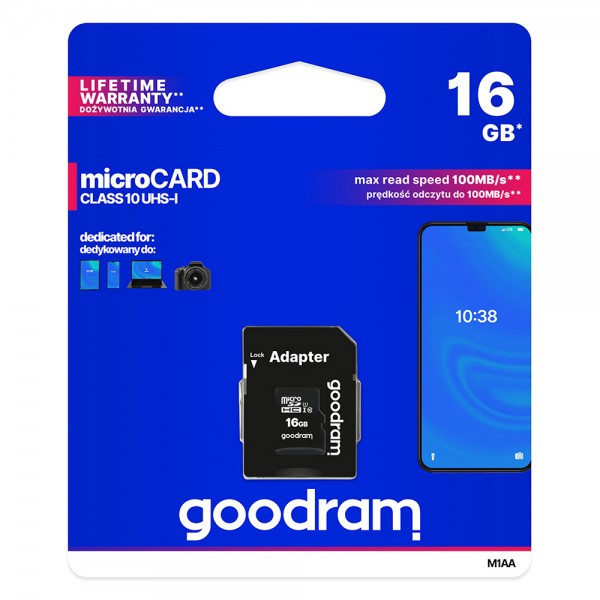 Memorijska kartica 16GB UHS-I CLASS 10 100MB/s  sa adapterom - Goodram Memorijska kartica 16GB UHS-I CLASS 10 100MB/s  sa adapterom - Goodram MEMO-KART-ADAP-16GB-GOOD Mobilab, servis i prodaja mobitela, tableta i računala
