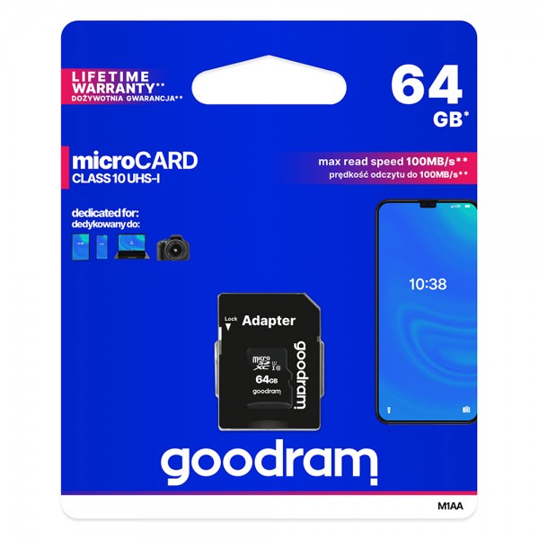 Memorijska kartica 64GB UHS-I CLASS 10 100MB/s  sa adapterom - Goodram Memorijska kartica 64GB UHS-I CLASS 10 100MB/s  sa adapterom - Goodram MEMO-KART-ADAP-64GB-GOOD Mobilab, servis i prodaja mobitela, tableta i računala