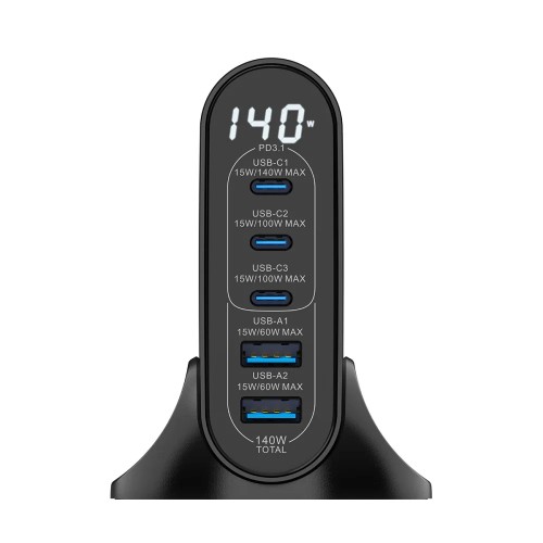 Rixus USB napajanje / brzi punjač RX140 2x USB-A + 3x Tip-C 140W GaN (Crni)