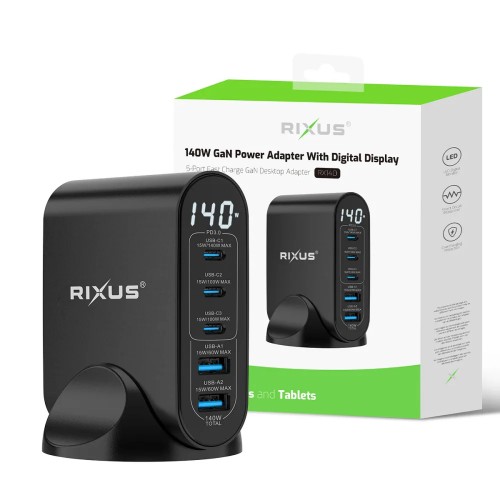 Rixus USB napajanje / brzi punjač RX140 2x USB-A + 3x Tip-C 140W GaN (Crni)