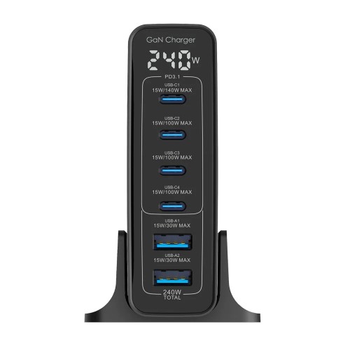 Rixus USB napajanje / brzi punjač RX240 2x USB-A + 4x Tip-C 240W GaN (Crni)