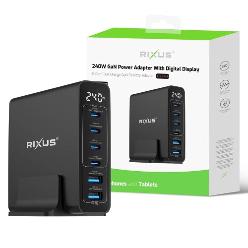 Rixus USB napajanje / brzi punjač RX240 2x USB-A + 4x Tip-C 240W GaN (Crni)