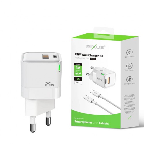 Rixus kućni punjač / adapter RXHC11 1x USB-A 1x Tip-C 25W + data kabel Tip-C na Tip-C (Bijeli) Rixus kućni punjač / adapter RXHC11 1x USB-A 1x Tip-C 25W + data kabel Tip-C na Tip-C (Bijeli)