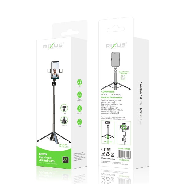 Selfie štap aluminijski + tronožac (stativ) + 2x LED lampa Rixus RXSF08 Bluetooth 4.7-7″ (Crni) SD-RXSF08 Mobilab, servis i prodaja mobitela, tableta i računala